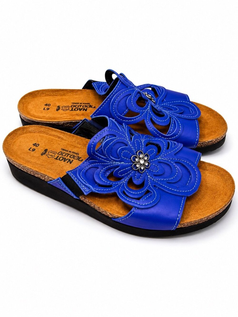 Naot Sandy Flower Burst Leather Slide Sandals Blue EU 40 US 9 9.5 NEW
